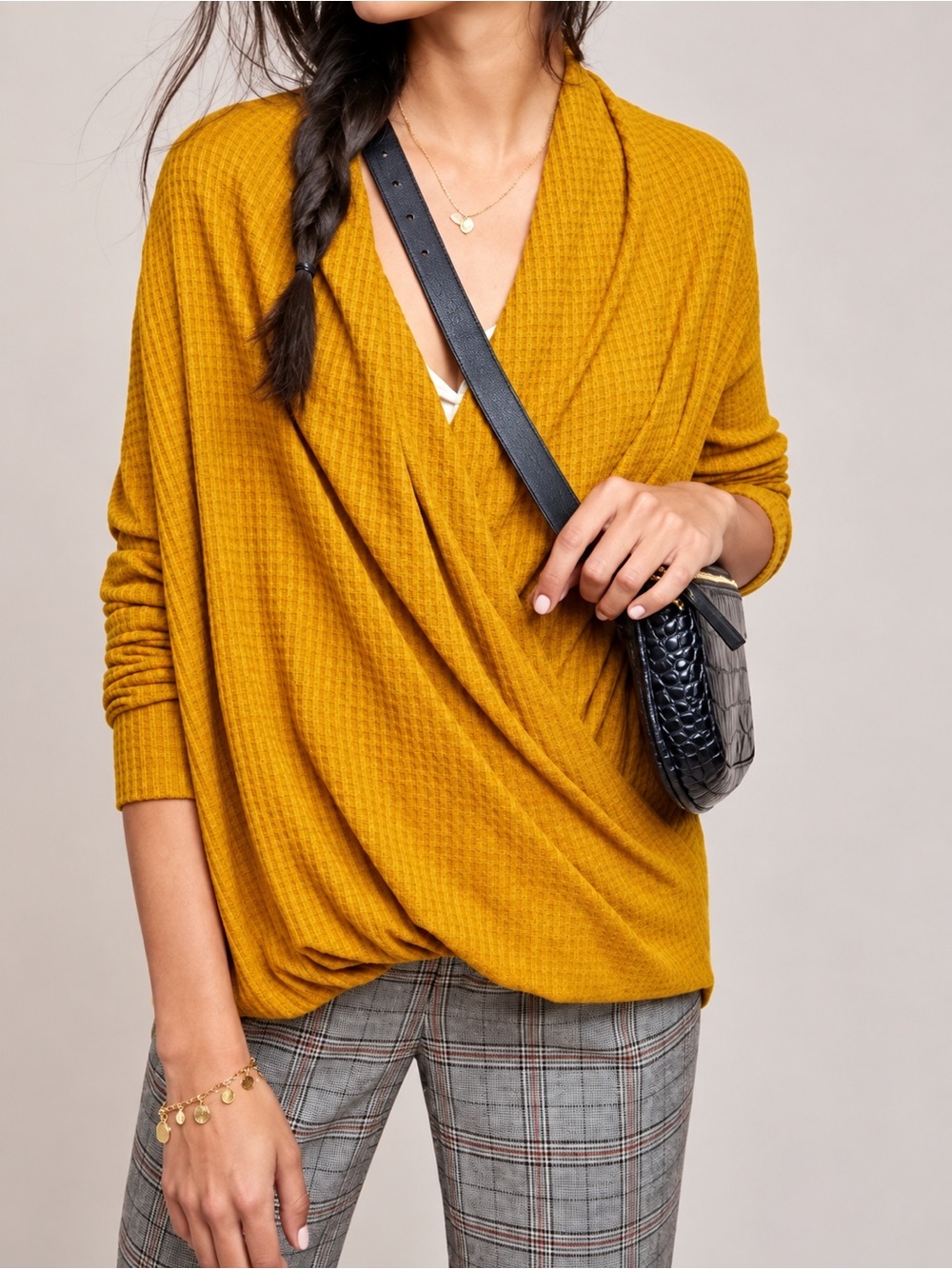 Anthropologie Akemi + Kin Surplice Faux Wrap Knit Top Soft Cozy Mustard Size XS